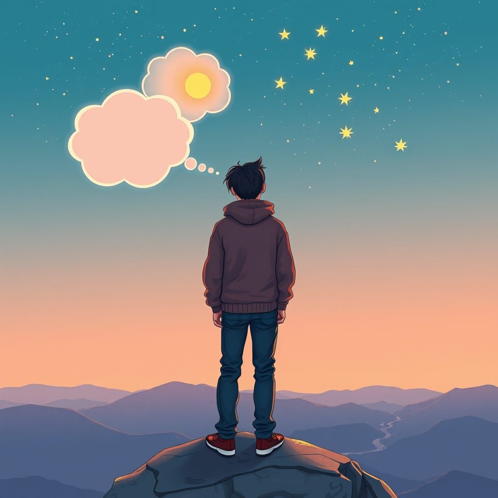 Contemplative Figure on Cliff with Starry Thoughts