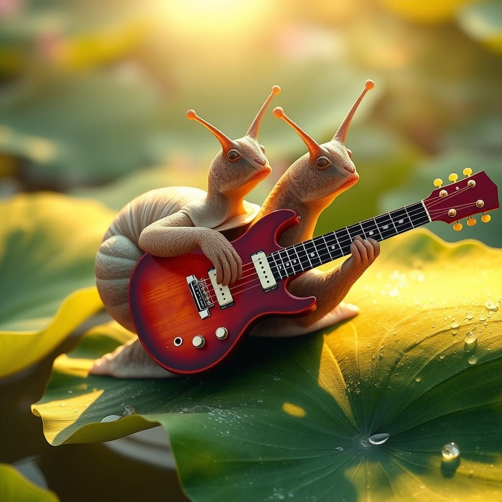 Brown Snail Plays Electric Guitar in Serene Pond Scene
