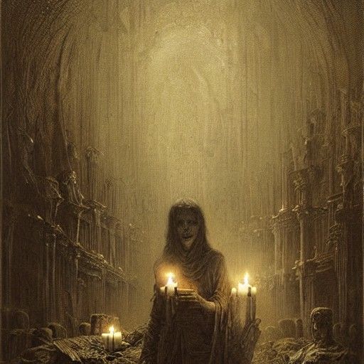 Eerie Candlelit Horror Scene in Doré Style