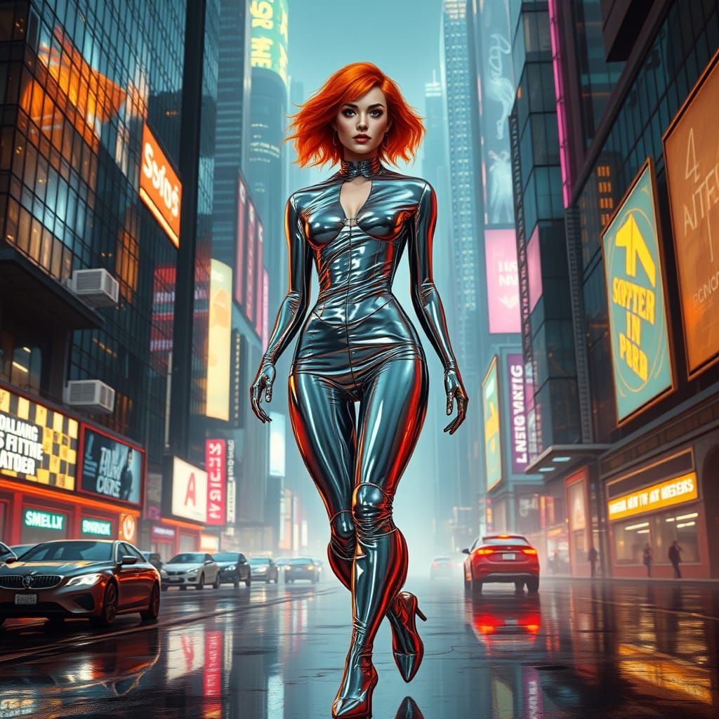 Cyberpunk Woman Strides Through Futuristic Metropolis