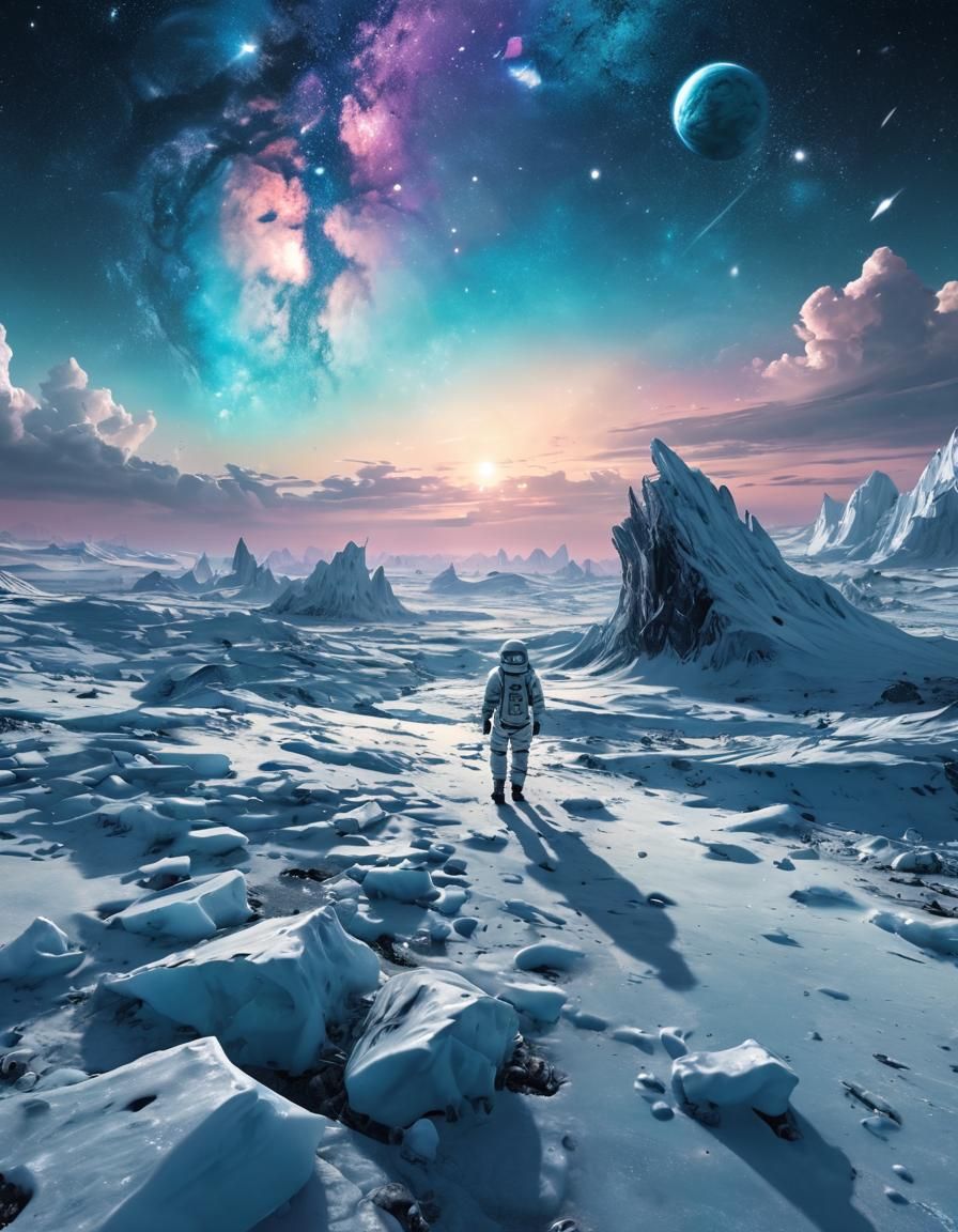 Icy Alien Landscape with Astronaut in Space