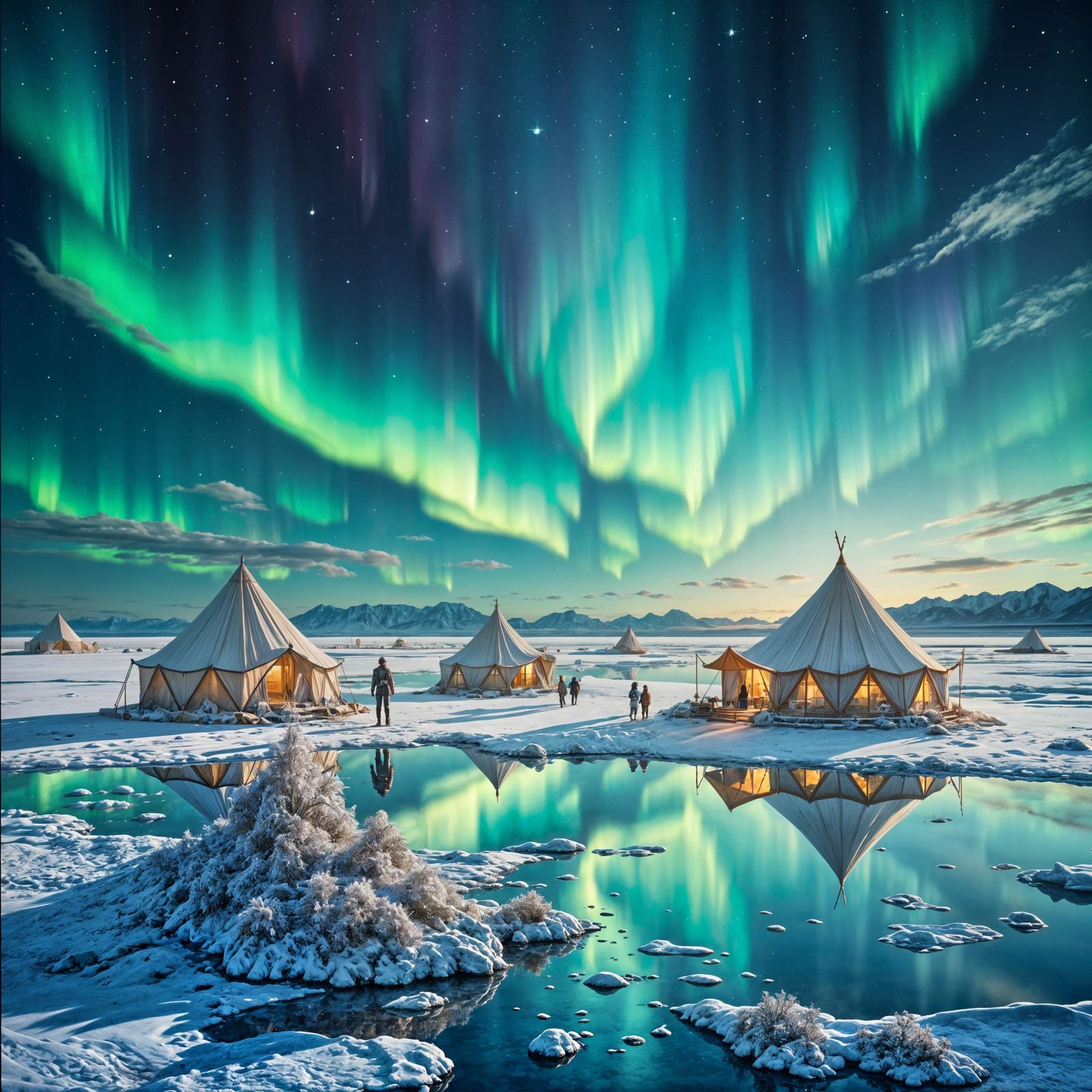 Nomadic Caravan Under Aurora Borealis on Salt Flat