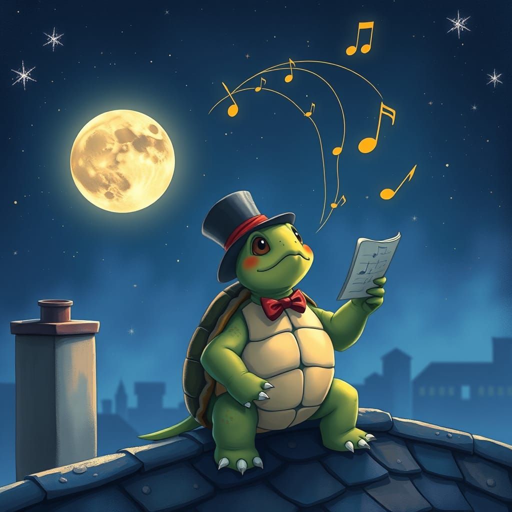 Turtle Serenades Moon in Dreamy Fantasy Art