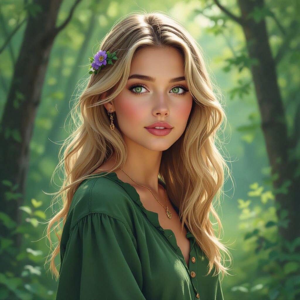 Blonde Woman in Forest, Alphonse Mucha Style