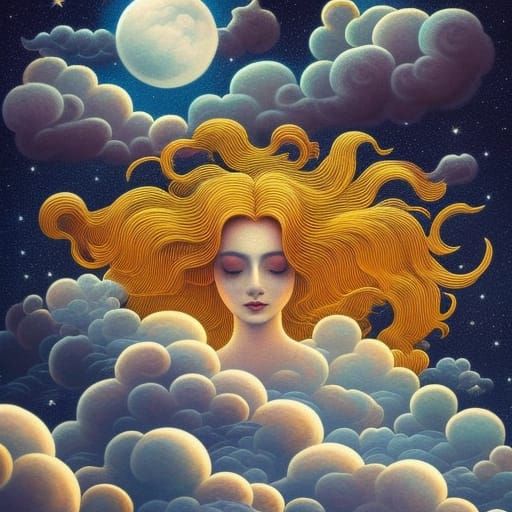 Woman in Surreal Sun and Moon Clouds