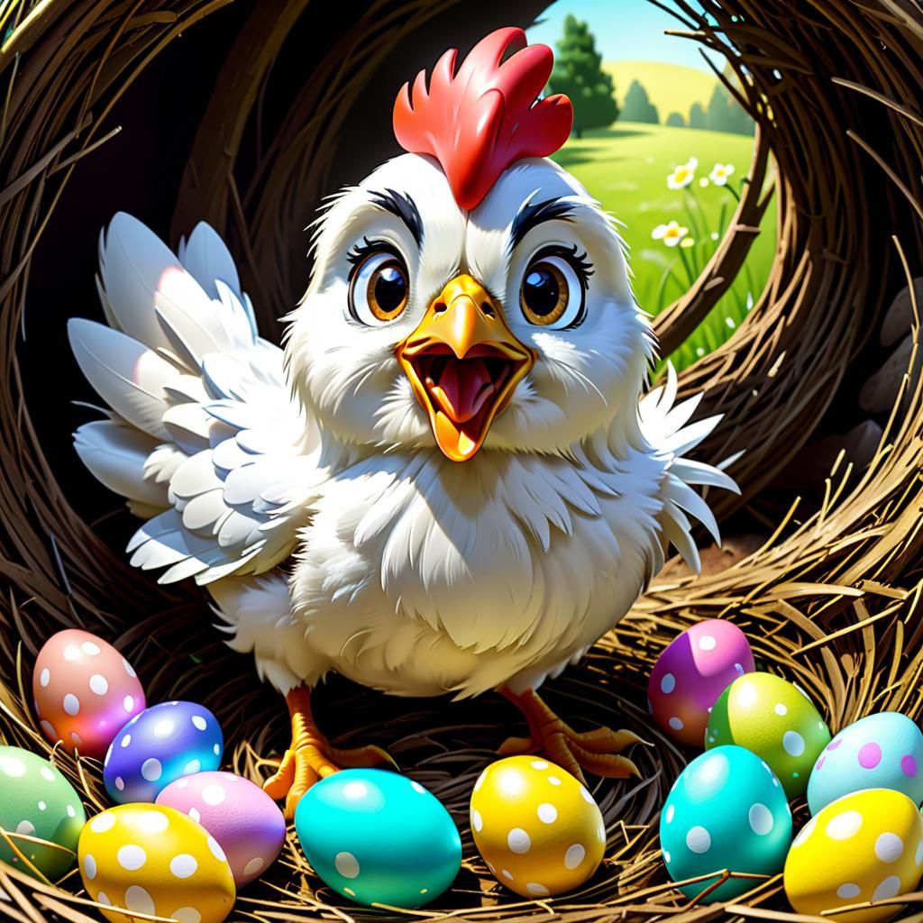 Surprised Cartoon Chicken Finds Easter Eggs