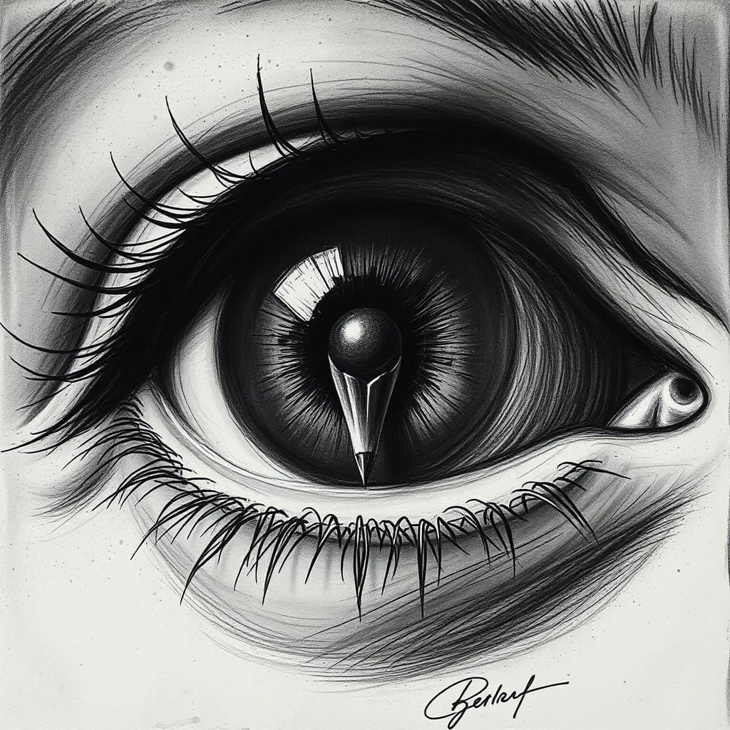 Charcoal Drawing of Pen Point in Human Eye