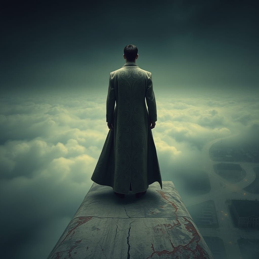 Man on Rooftop Edge in Surrealist Style