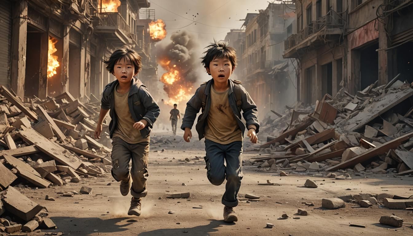 Child Running from Explosion in War-Torn City