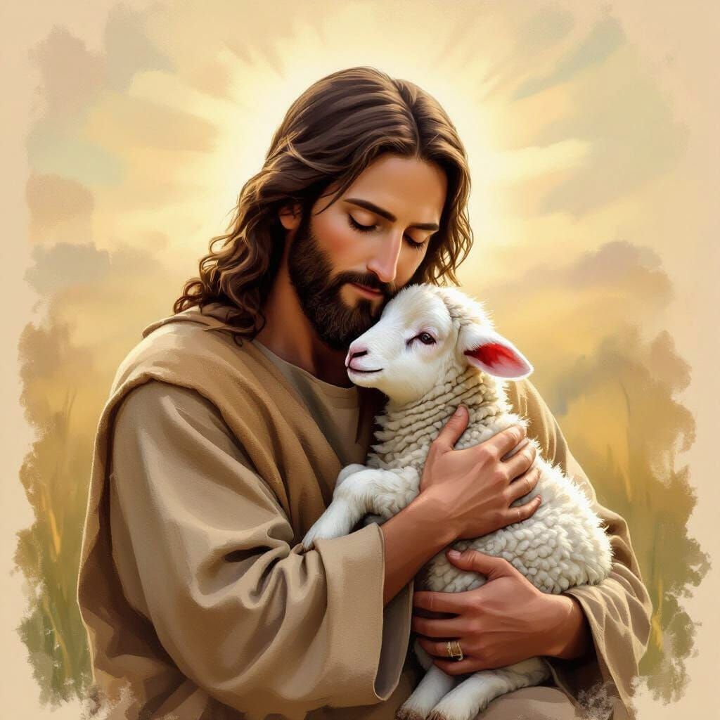Jesus The Good Shepherd Tenderly Holding a Lamb