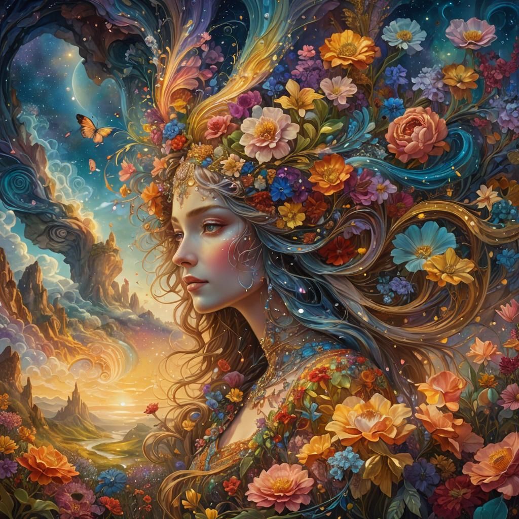 Lady in a Surreal, Dreamlike Flower Landscape