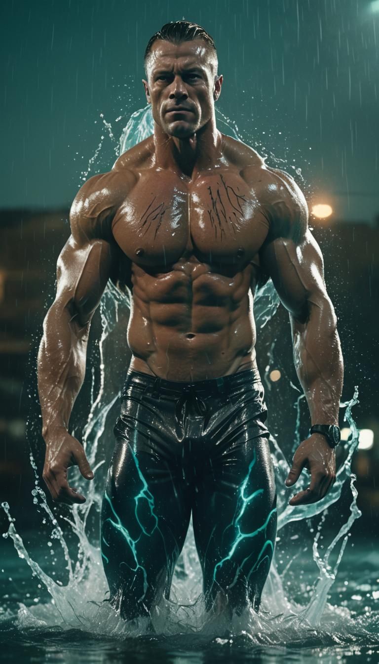 Bodybuilder Shark Hybrid in Neon Noir Aesthetic