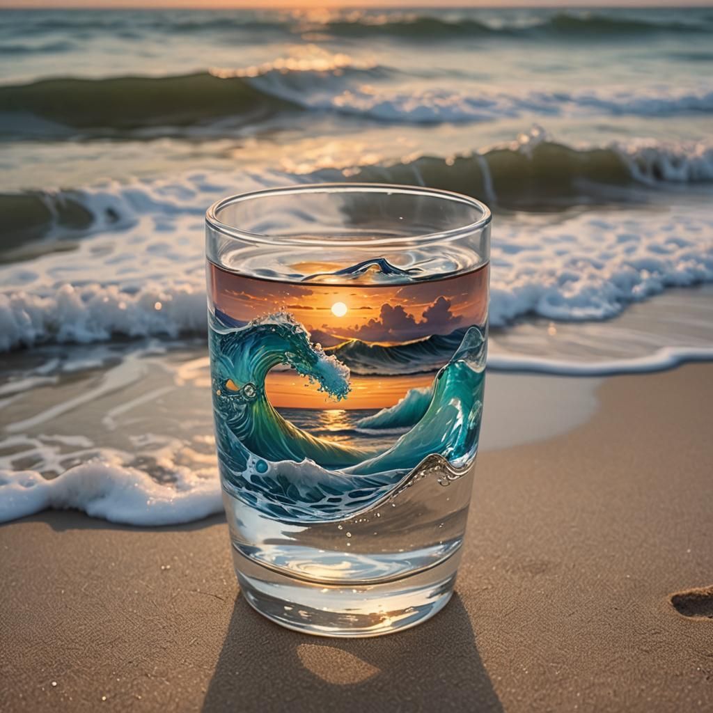 Miniature Ocean Wave in Glass: Surreal Beach Scene