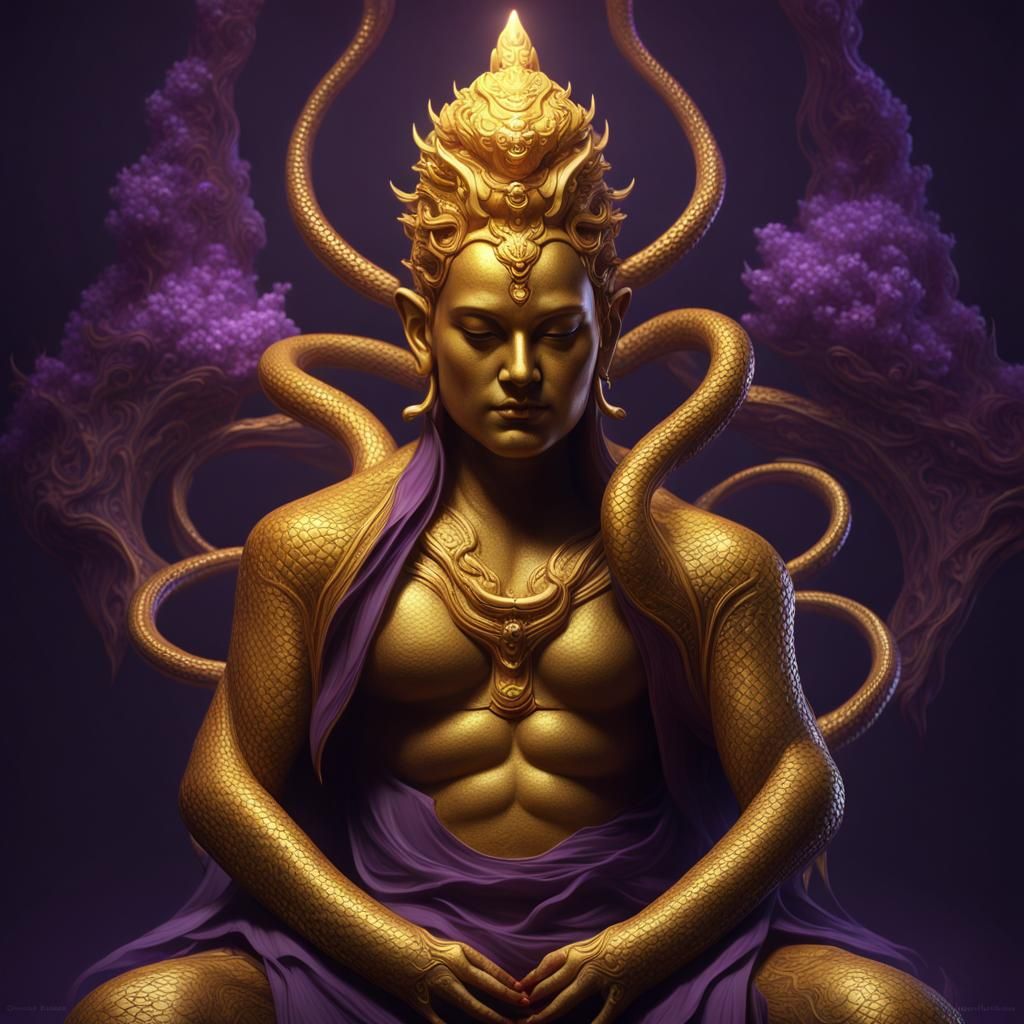 Gold Buddha Snake Creature in Dark Fantasy Style