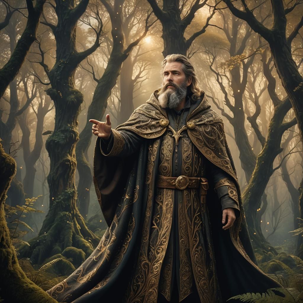 Mystical Wizard at Forest Edge in Oil Painting Style