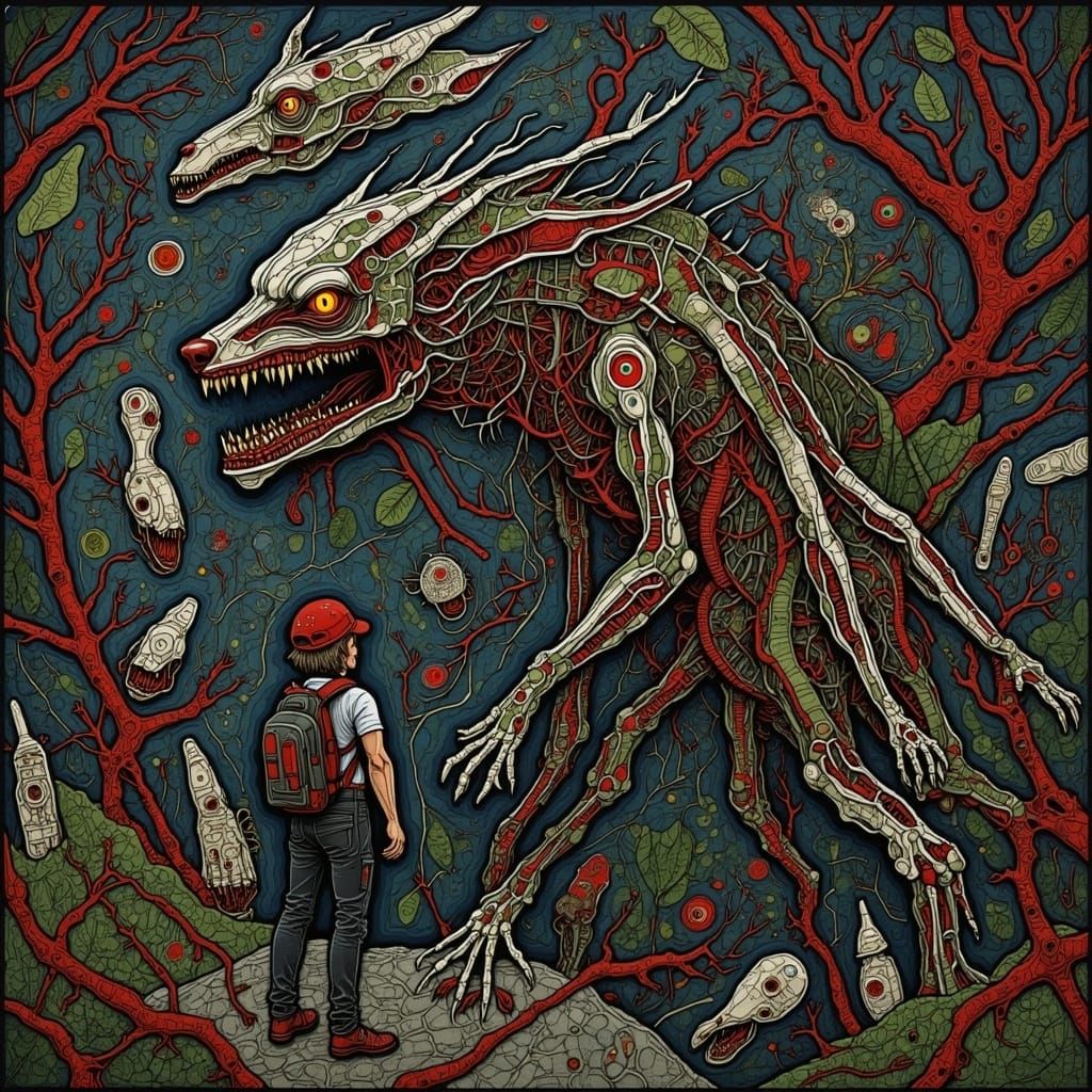 Carnivorous Plant Captures Hiker in Gothic Horror Scene