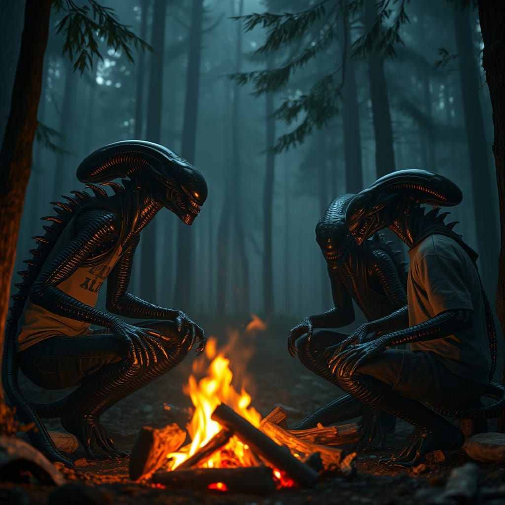 Xenomorph Aliens Gather Around a Campfire in a Misty Forest