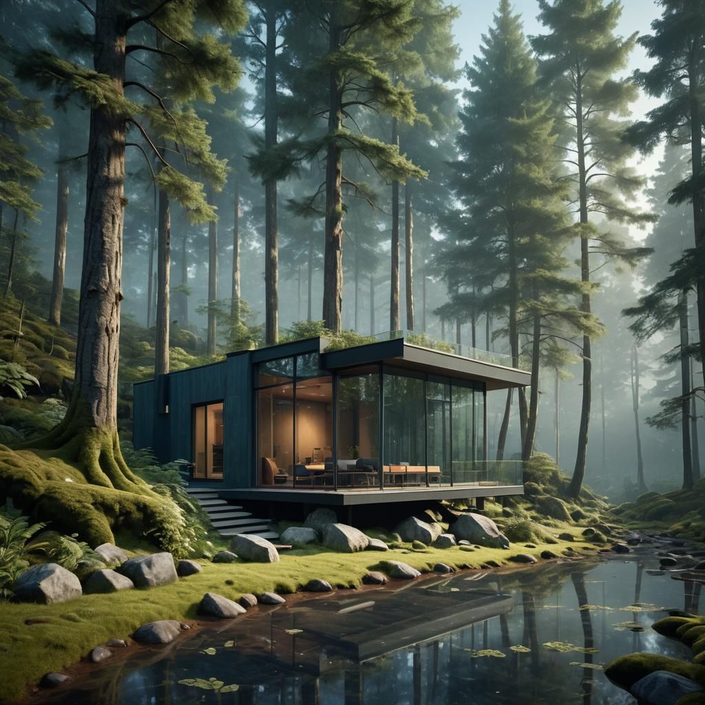 Post Modern Forest Retreat in Matte Painting Style