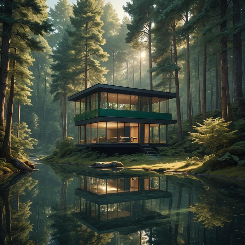 Reflective Glass Cabin in Forest: Matte Painting