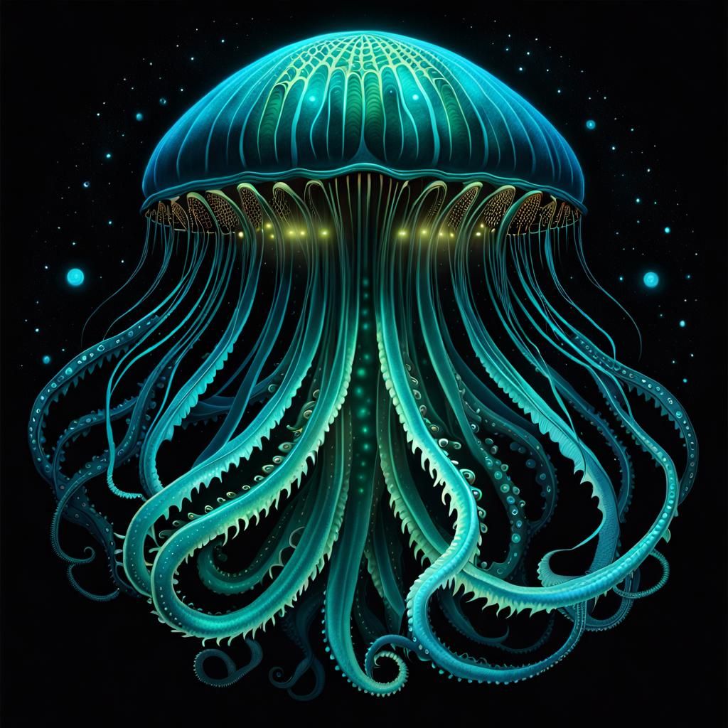 Abyssal Shadow Serpent in Bioluminescent Ocean