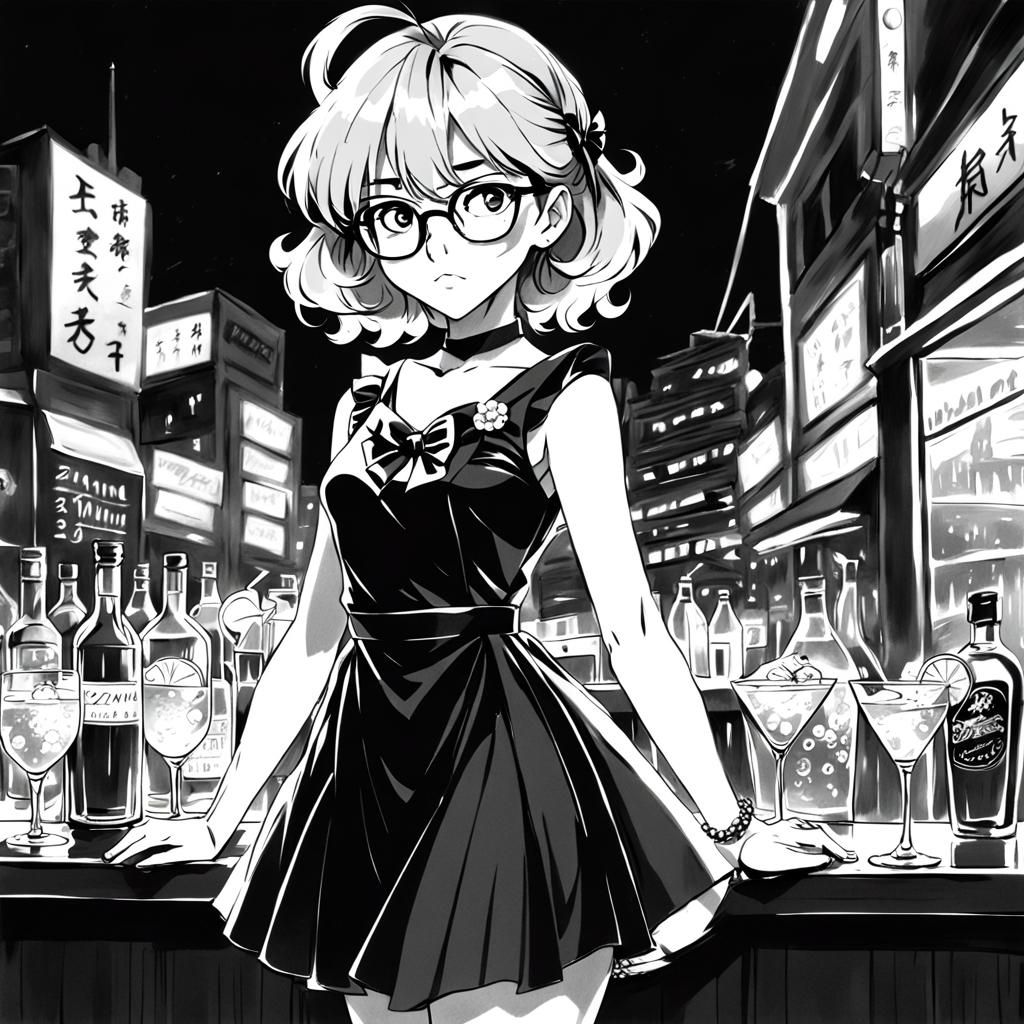 Anime-Style Woman in Cocktail Dress, Hand-Drawn