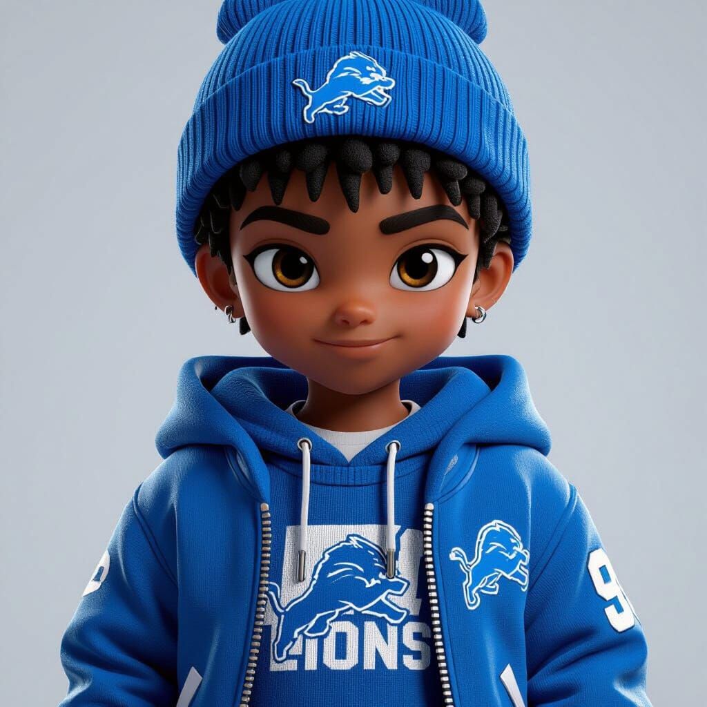Young Black Boy in Detroit Lions Gear, 3D Anime Art Style