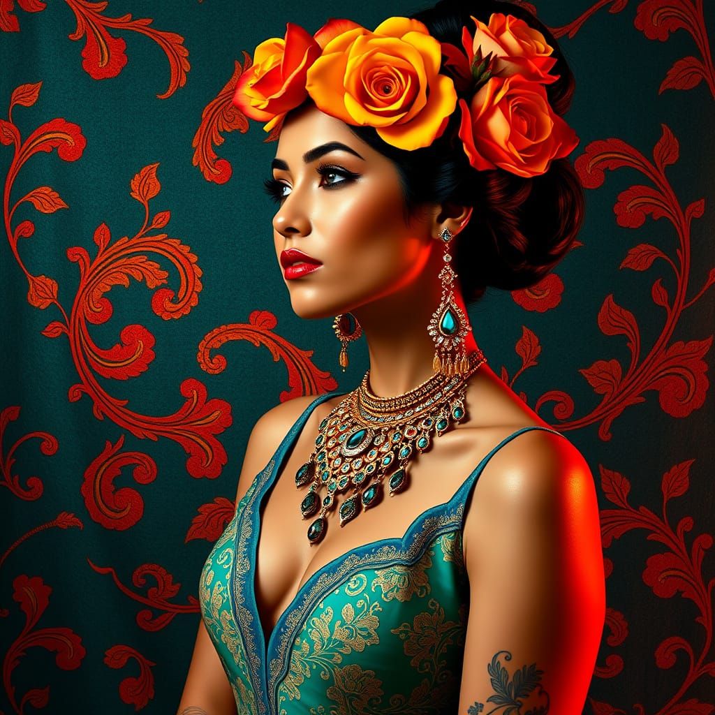 Panamanian Woman Portrait with Roses in Klimt Style