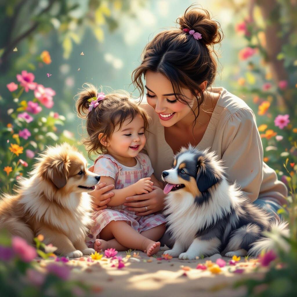 Mother and Daughter Play with Fluffy Pets in Vibrant Scene