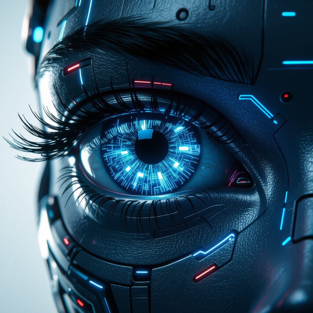 Cyborg Eye with Glowing Blue Circuitry