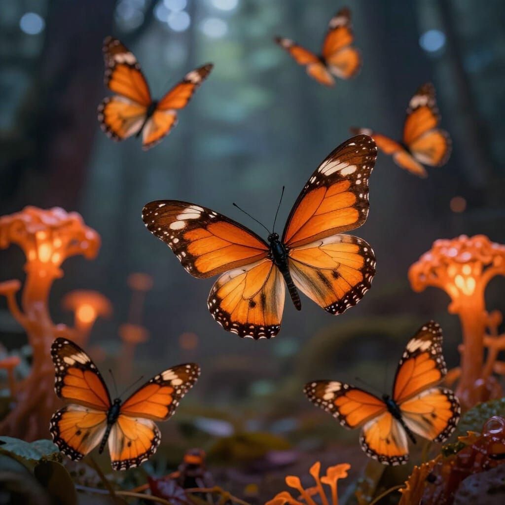 Ethereal Orange Butterflies in Surreal Twilight Forest