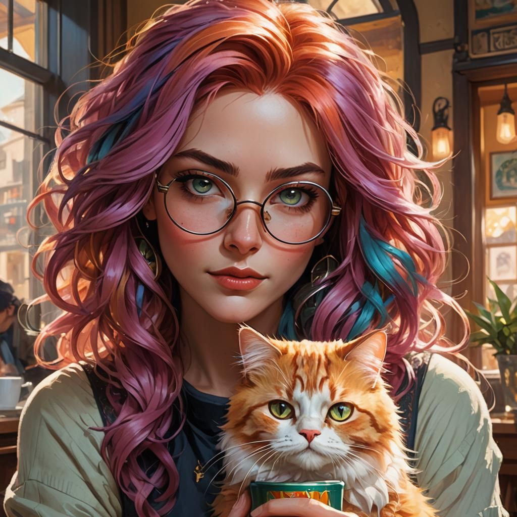 Colorful Girl and Cat: Fantasy Novel Cover Art