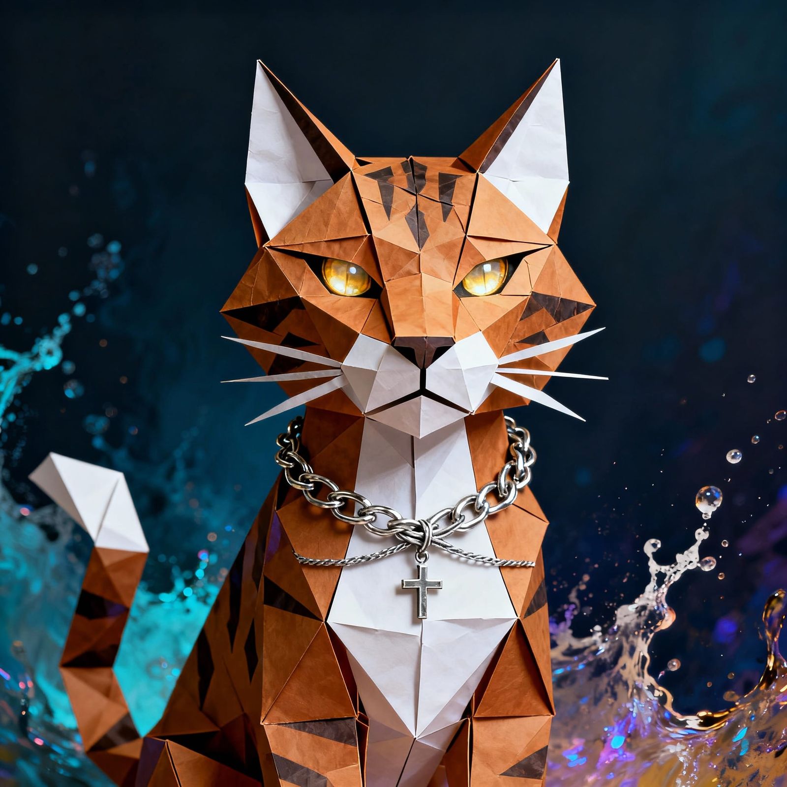 Origami Bobcat Sculpture with Glowing Eyes