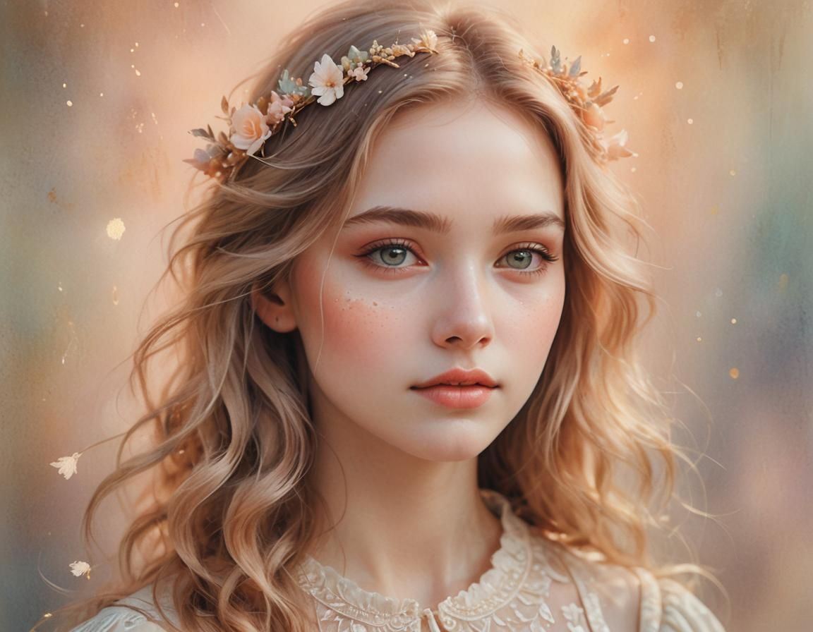 Ethereal Portrait of Angelic Girl in Watercolor Style