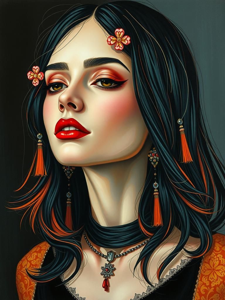 Elegant Goth Girl Portrait as Impasto Painting