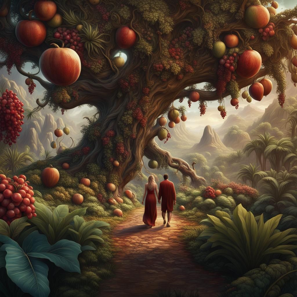 God in Eden with Adam and Eve: Detailed Painting