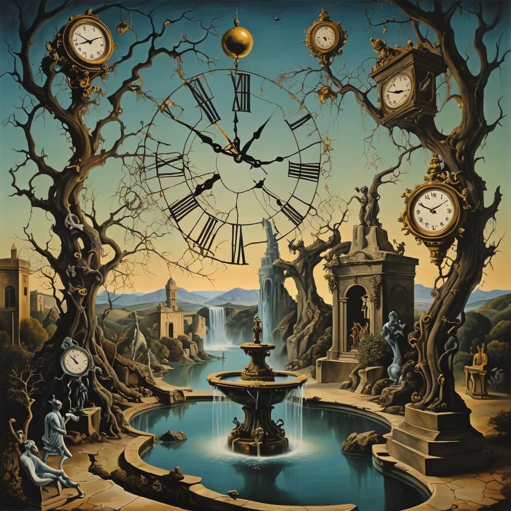 Surreal Melting Clock Garden: A Dali-esque Vision