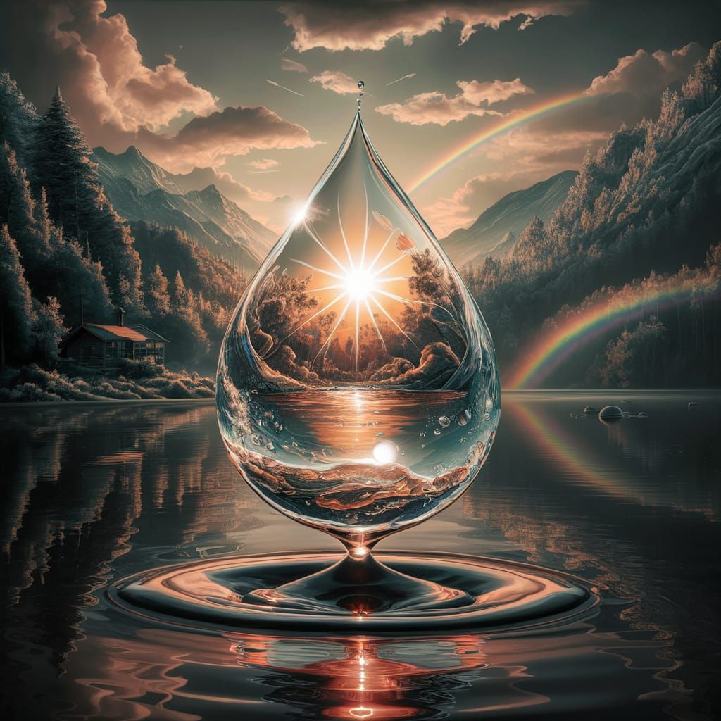 Sunlit Water Droplet Reflecting Mountain Landscape