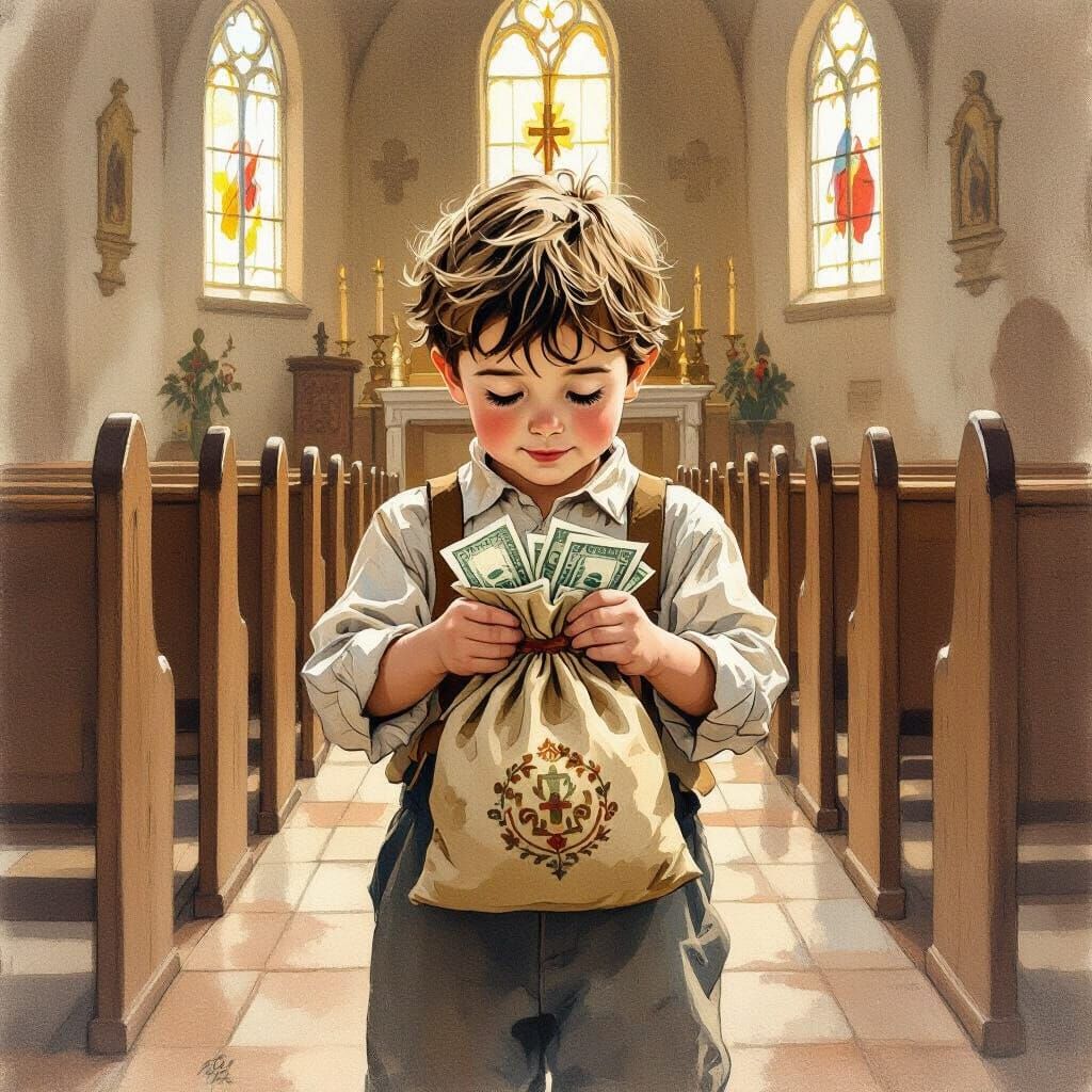 Boy Steals Money from Offering Bag in Whimsical Style