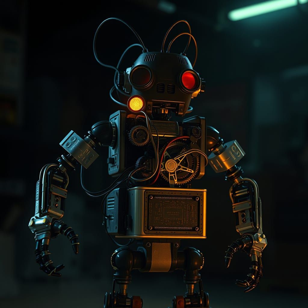 Industrial Robot Sculpture in Dramatic Lighting