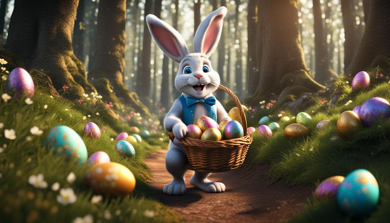 Easter Bunny Hiding Eggs in Enchanted Forest
