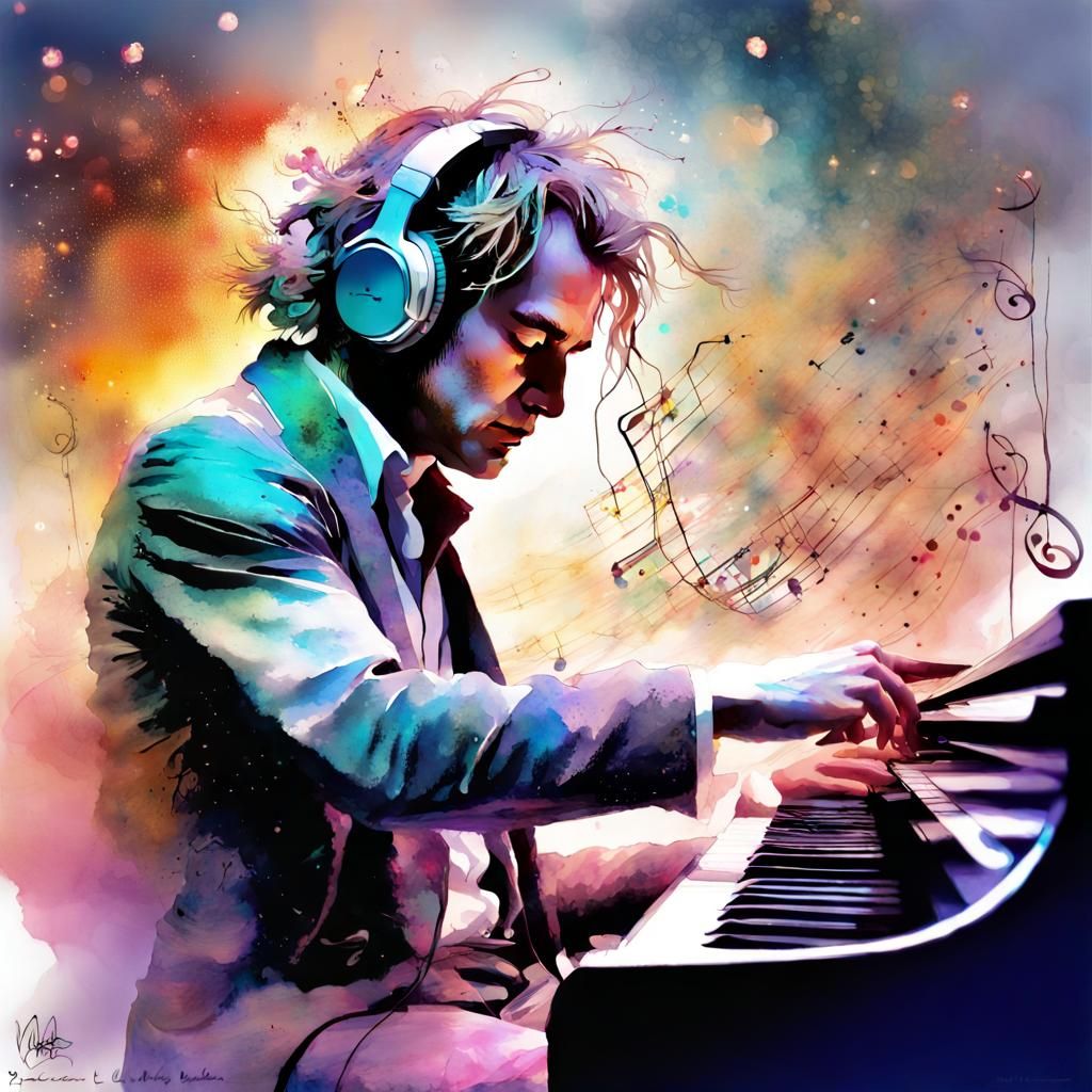 Beethoven with Headphones in Digital Watercolor Style