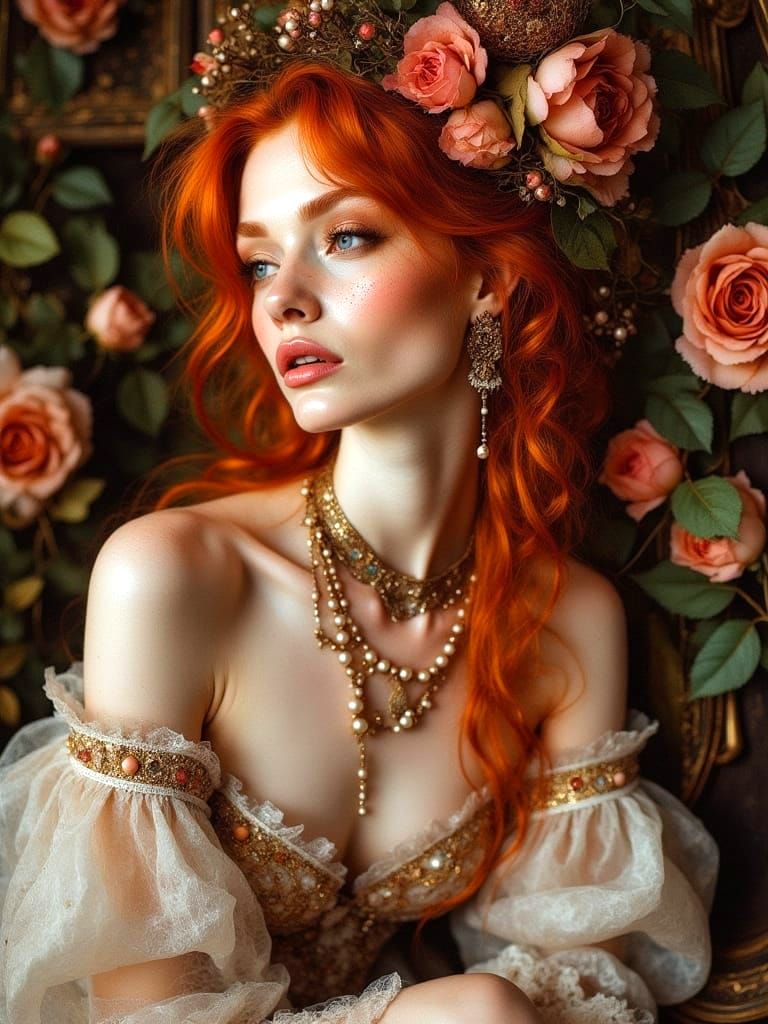 Rococo Redhead in Whimsical Florals