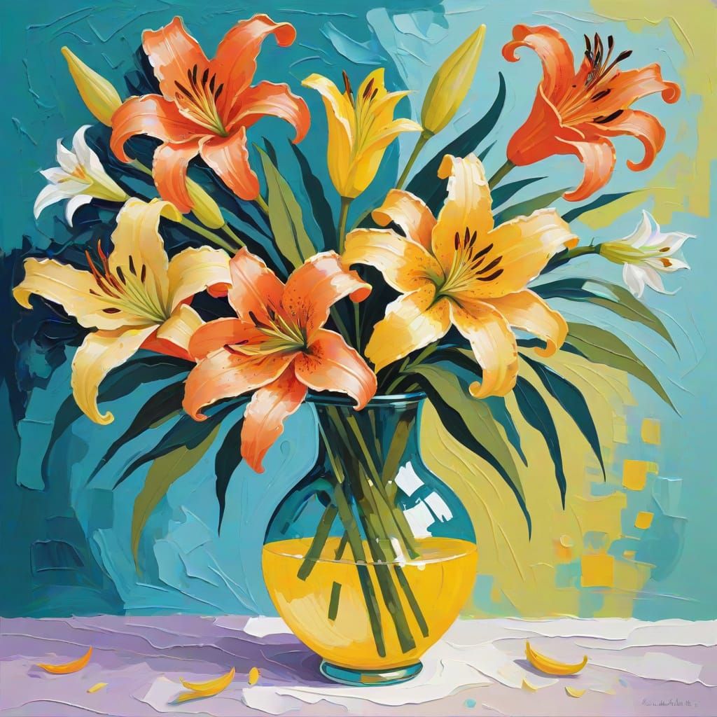 Lilies in Transparent Vase, Impasto Gouache Abstract