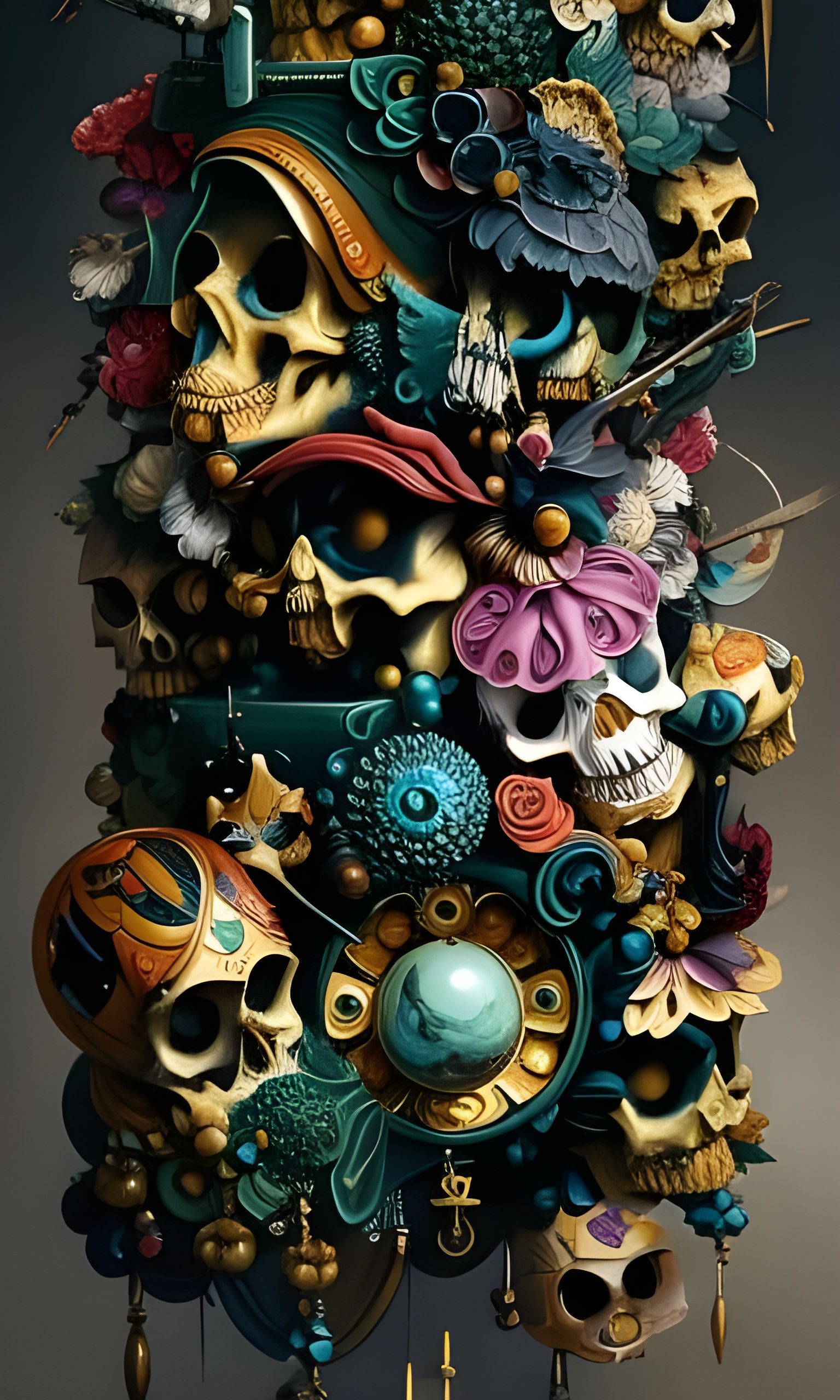 Ornate Skulls Painting in Surrealist Style