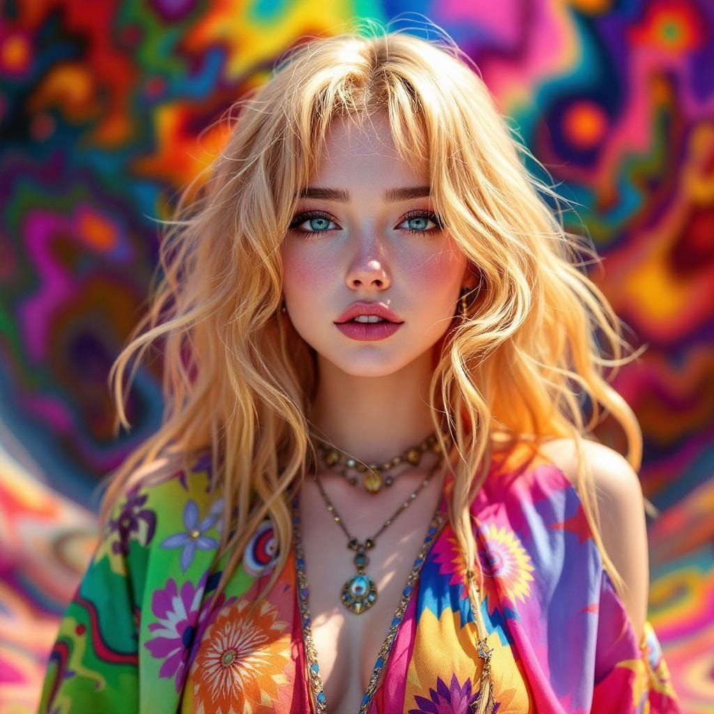 Psychedelic Blonde Woman in 3D Anime Style