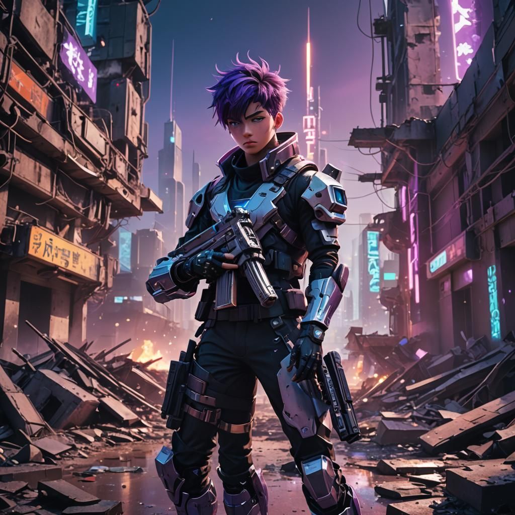 Anime Boy with Gun in Ruined Cityscape