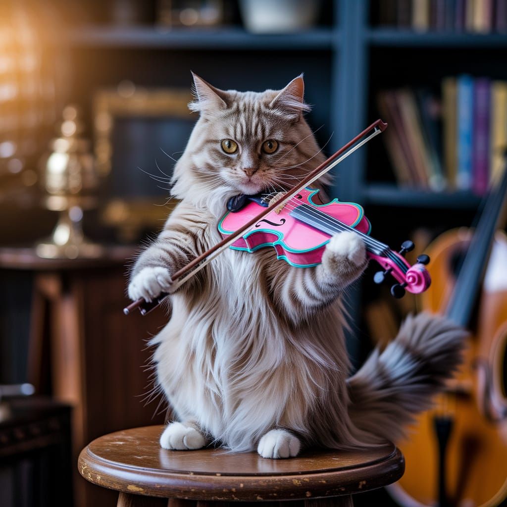 Whimsical Feline Virtuoso in Vibrant Colors