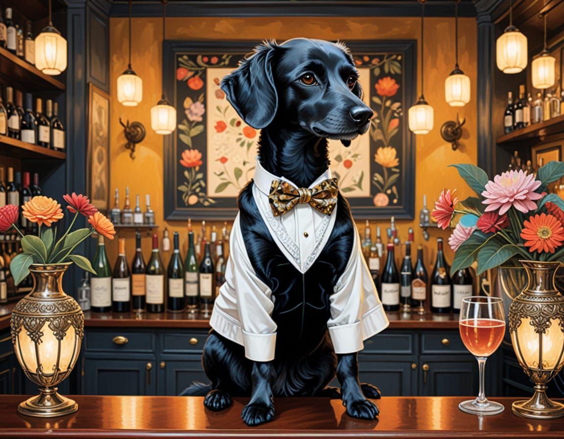 Debonair Dog Bartender in Whimsical Parisian Cabaret