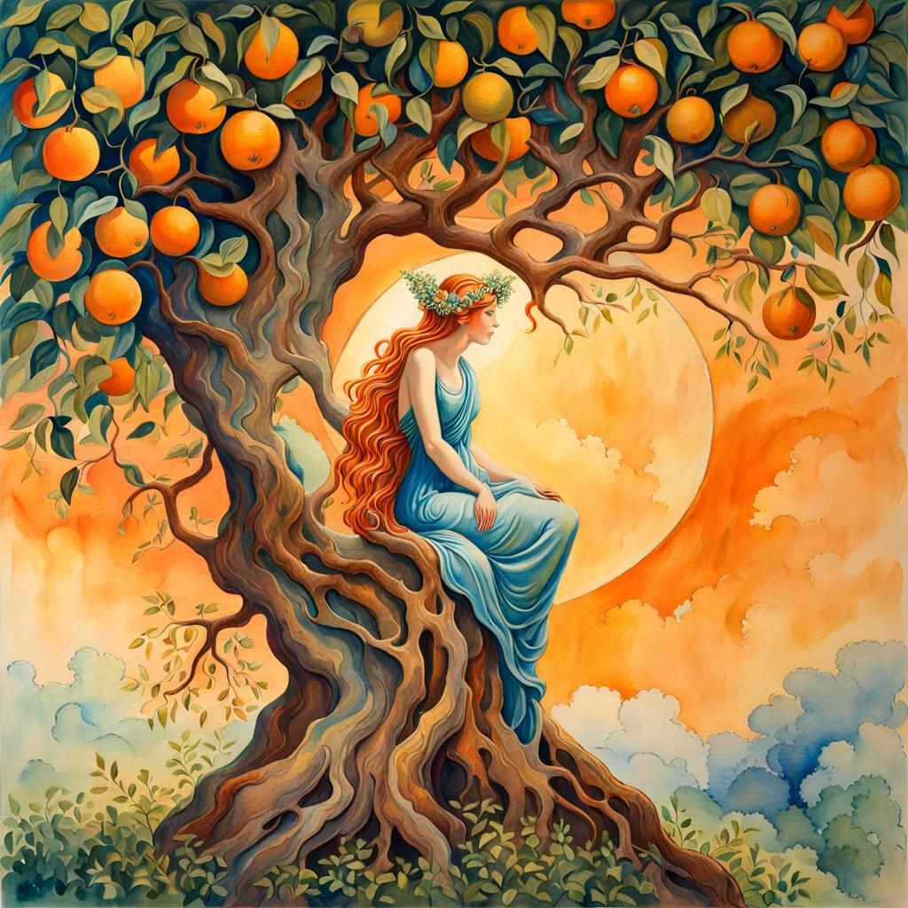 Orange Tree Nymph Under Starry Sky: Watercolor Art