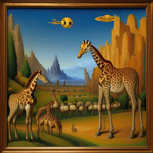 Giraffes Encounter Cosmic Beings in a Surreal Oil Painting